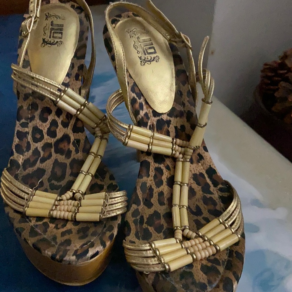 J Lo beaded wood heels